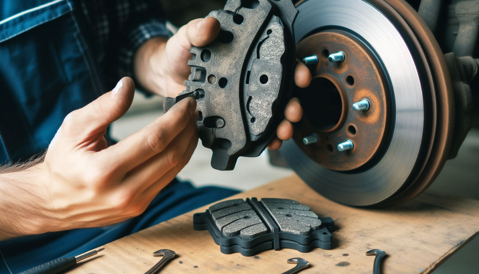 mechanic inspecting a brake pad, highlighting the wear and tear.