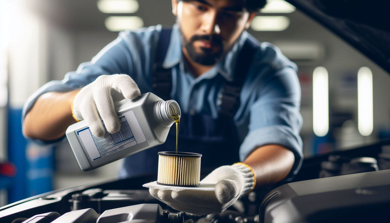 Mechanic pouring new oil into a car engine